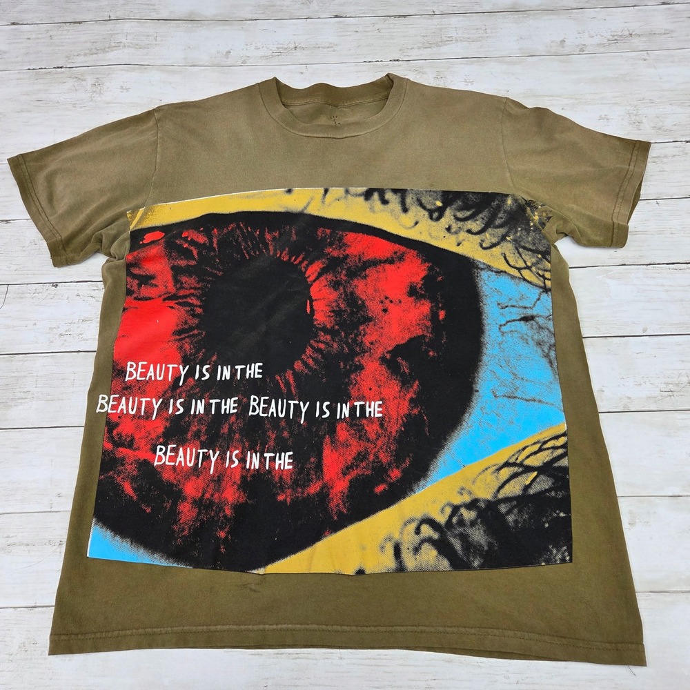 Travis Scott Astroworld Beauty Eye T-Shirt Mens L Brown Puff Print Graphic